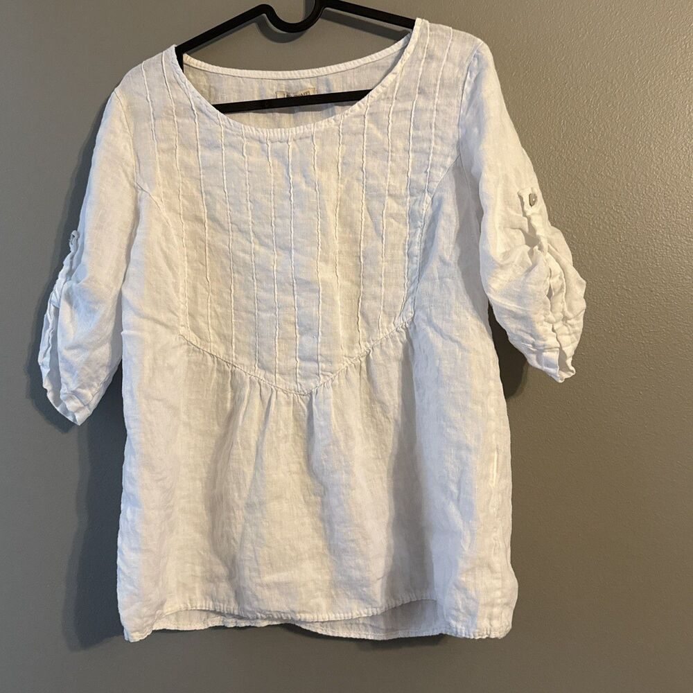 Lina Tomei Size Medium Made In Italy White Linen Short Roll Tab Sleeves Pleated